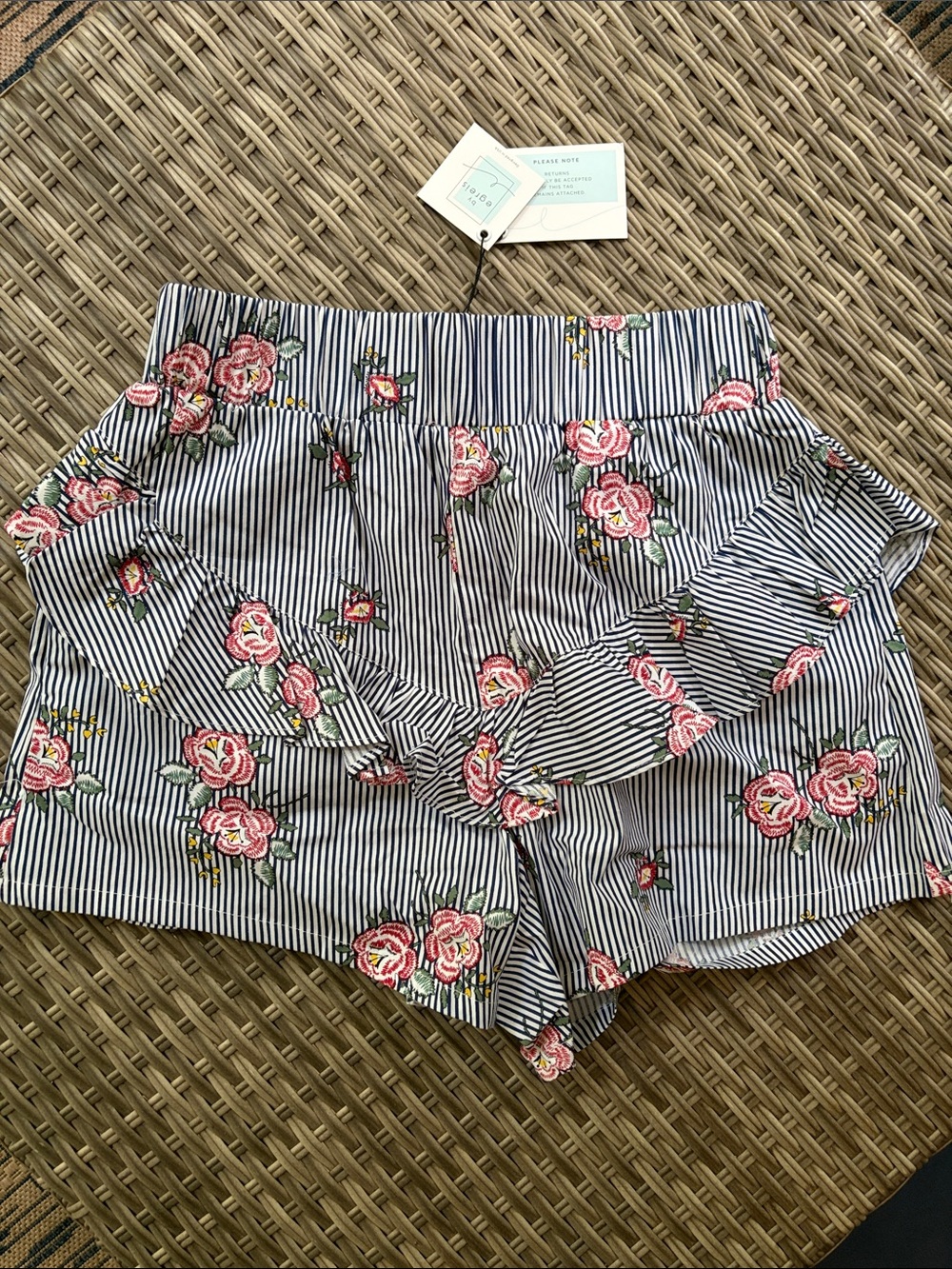 By Egreis High-Waist Striped Floral Ruffle Shorts - Pink Floral on Navy/White